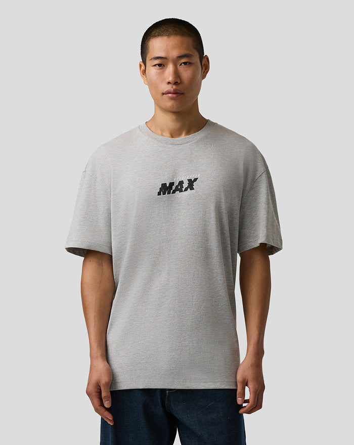 Male model wearing grey marl Max Verstappen Pixel Back Graphic T-Shirt with a centered MAX logo on the chest