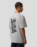 Back view of grey marl Max Verstappen Pixel Back Graphic T-Shirt featuring a black and white collage graphic on the back