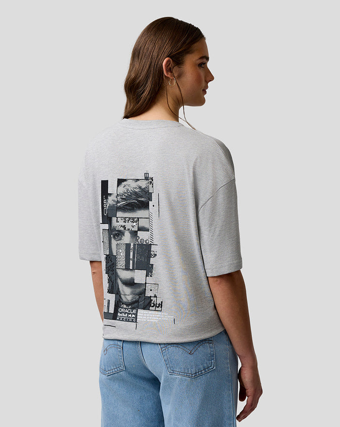 Back view of grey marl Oracle Red Bull Racing T shirt with Max Verstappen pixel graphic on the back