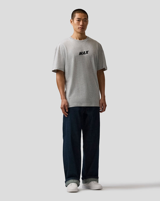 Back view of grey marl T shirt featuring a multi panel black and white collage graphic on the back