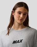Female model wearing grey marl Max Verstappen Pixel Back Graphic T-Shirt with front logo