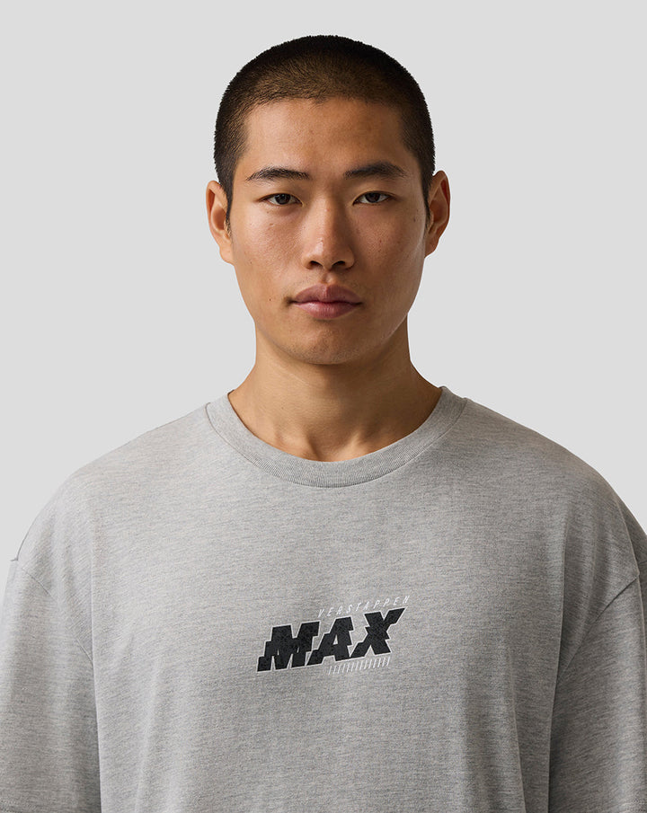 Male model wearing grey marl Max Verstappen Pixel Back Graphic T-Shirt with front logo