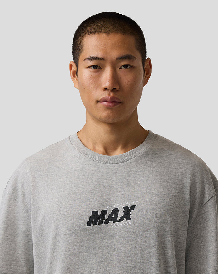 Male model wearing grey marl Max Verstappen Pixel Back Graphic T-Shirt with front logo