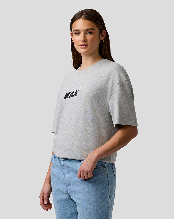 Side view of a model in grey marl Max Verstappen T Shirt with a MAX logo on the chest.