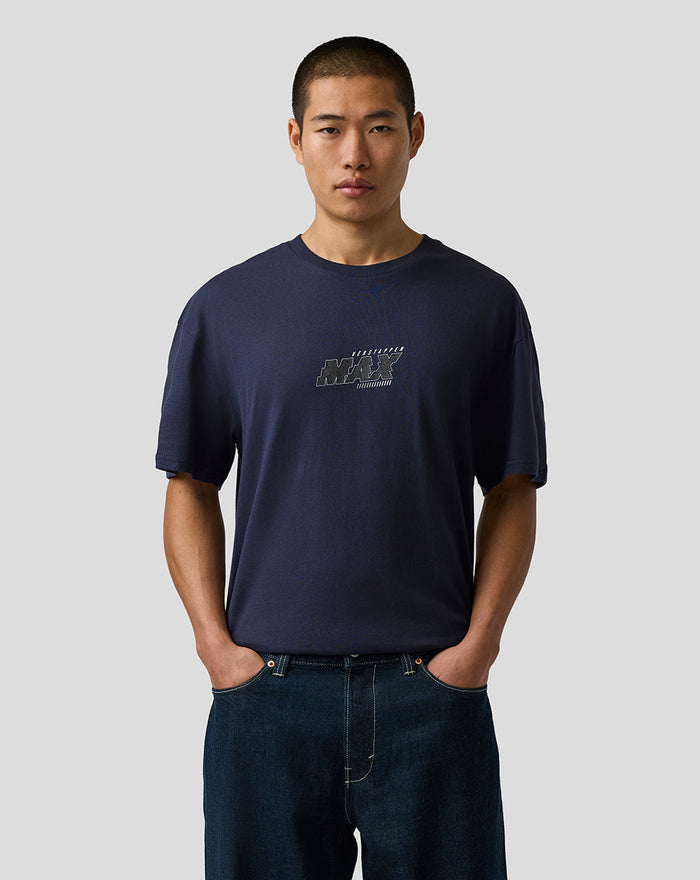 Male model wearing night sky navy Max Verstappen Logo T-Shirt with front chest graphic