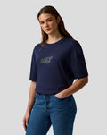 Navy Night Sky Max Verstappen logo T shirt on a female model with a centered chest graphic