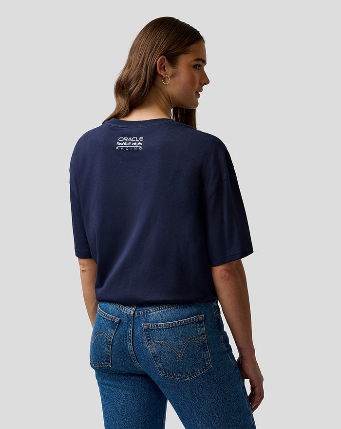 Navy Night Sky Max Verstappen T shirt back view on a female model with back neck Oracle Red Bull Racing logo