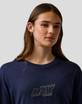 Close up of navy Max Verstappen logo T shirt with centered chest graphic worn by a female model
