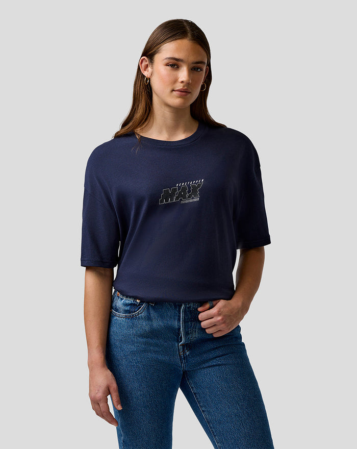 Female model wearing navy Max Verstappen logo T shirt with centered chest graphic shown from waist up