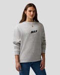 Female model wearing grey marl Max Verstappen logo sweatshirt with front chest print and back neck branding