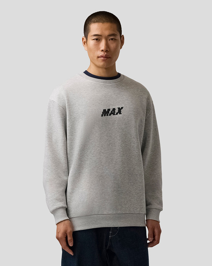 Model wearing grey marl Max Verstappen logo sweatshirt with front center print and back neck branding