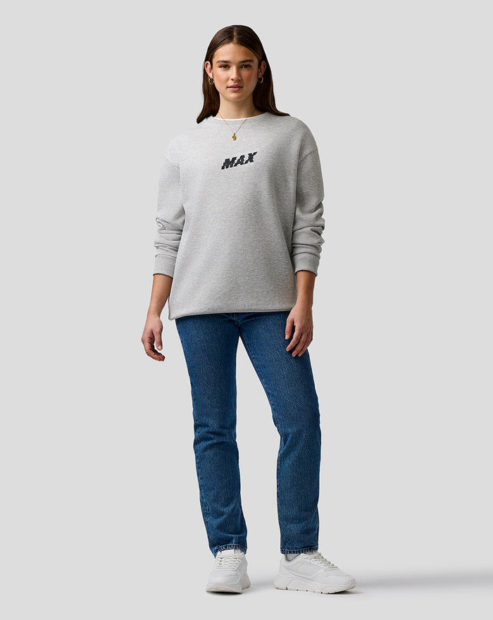 Full body shot of a female model in a grey marl Max Verstappen sweatshirt with MAX logo on the chest