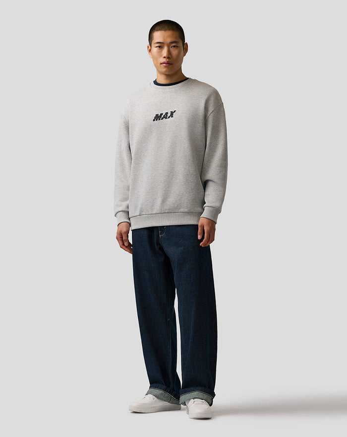 Front view of grey marl Max Verstappen sweatshirt with MAX logo on the chest