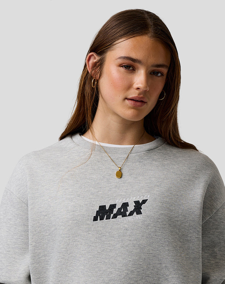 Female model in grey marl Max Verstappen sweatshirt with centered MAX logo on the chest