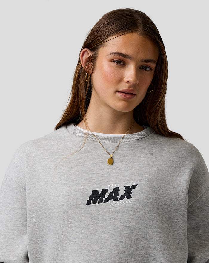 Female model in grey marl Max Verstappen sweatshirt with centered MAX logo on the chest