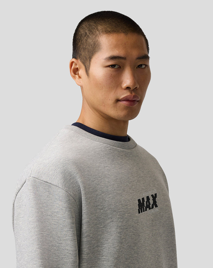 Male model wearing grey marl Max Verstappen sweatshirt with front logo on chest
