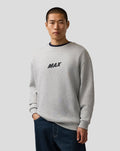 Male model in grey marl Max Verstappen sweatshirt shown from a front angle with MAX logo on chest