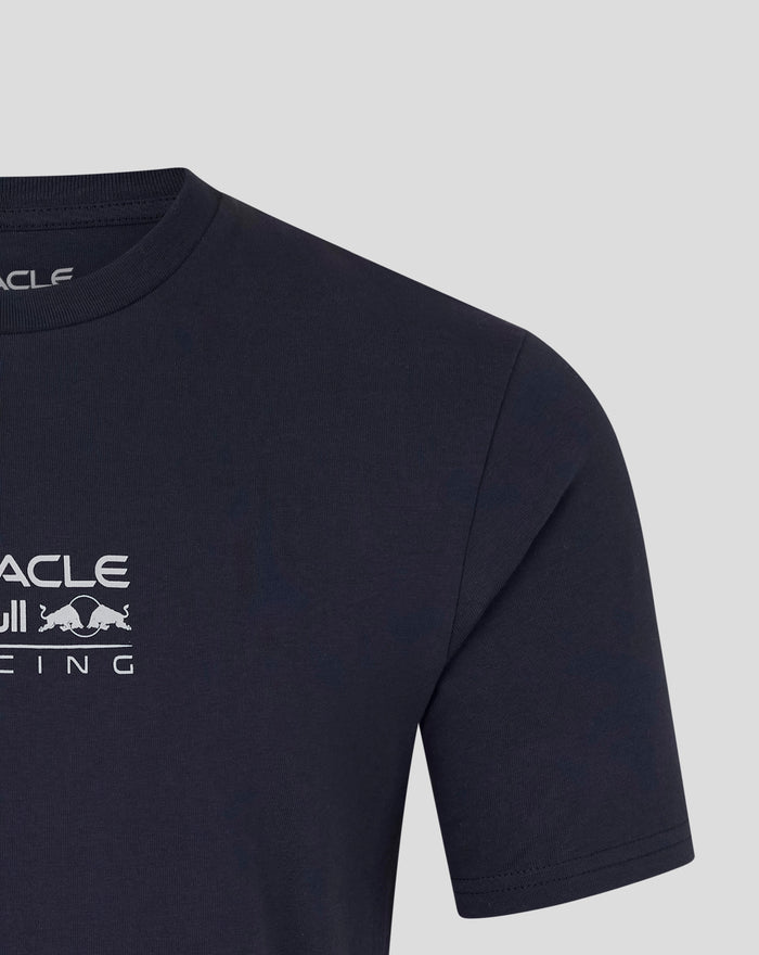Navy Oracle Red Bull Racing unisex T shirt with subtle front branding and a large bull graphic on the back