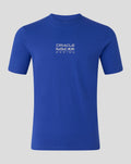 Back view of blue Graphic Bull T shirt with large white bull graphic and Castore logo at back neck