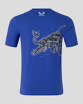 Back view of blue Graphic Bull T shirt featuring bold bull graphic across the back and Castore logo at back neck
