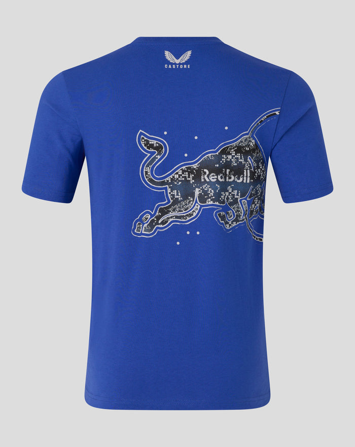 Back view of blue Graphic Bull T shirt featuring bold bull graphic across the back and Castore logo at back neck