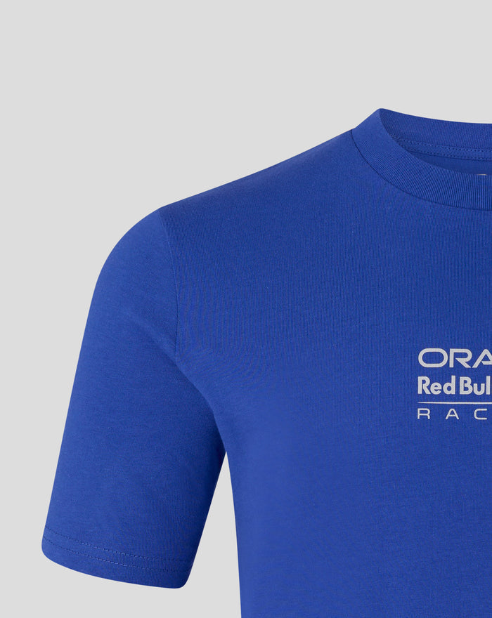 Close up of blue Oracle Red Bull Racing T shirt showing shoulder seam and ribbed neckline.