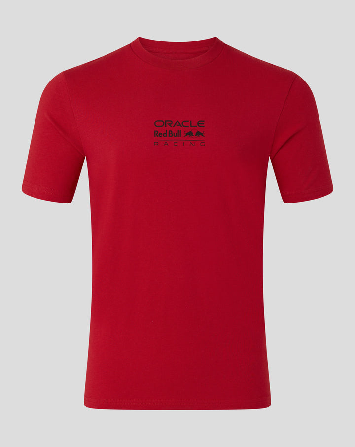 Front view of red Oracle Red Bull Racing T shirt with small center chest logo.
