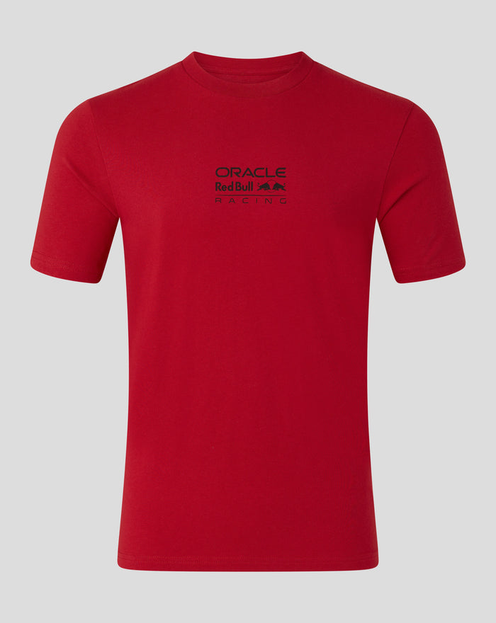 Front view of red Oracle Red Bull Racing T shirt with small center chest logo.