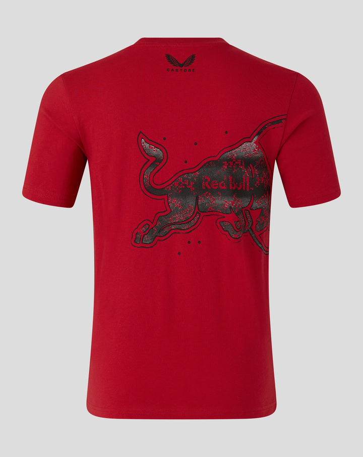 Back view of red Oracle Red Bull Racing T shirt with large bull graphic and Castore logo at back neck.