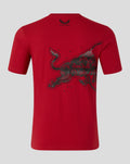 Back view of red Oracle Red Bull Racing T shirt with large bull graphic and Castore logo at back neck.
