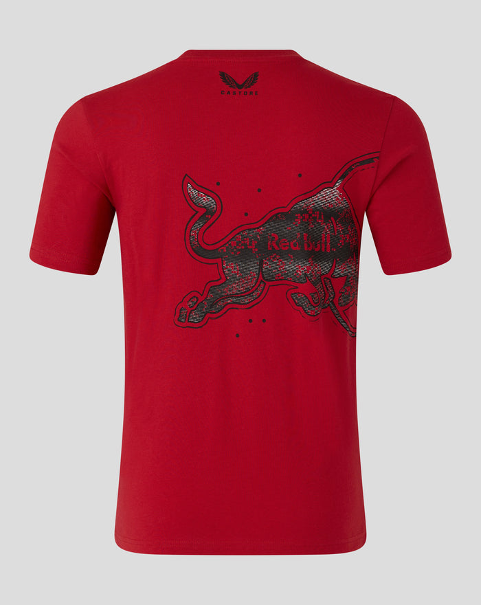 Back view of red Oracle Red Bull Racing T shirt with large bull graphic and Castore logo at back neck.