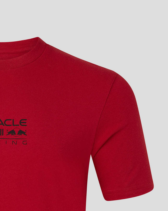 Close up of red Graphic Bull T shirt showing neckline stitching and partial front print