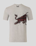 Back view of a grey marl Graphic Bull T shirt with a large red bull graphic across the back and Castore logo at the back neck