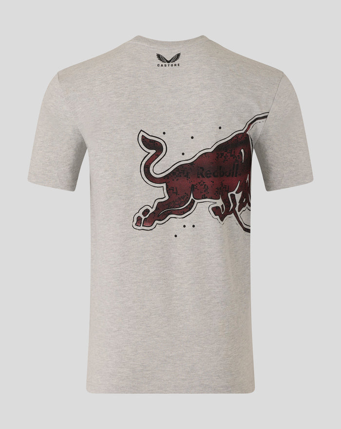 Back view of a grey marl Graphic Bull T shirt with a large red bull graphic across the back and Castore logo at the back neck