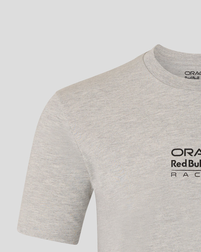 Shoulder and neckline close-up of the grey marl T shirt with a Castore logo at the back neck