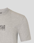 Front chest area of the grey marl T shirt showing Oracle Red Bull Racing branding and partial bull graphic