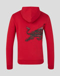Back view of a red Oracle Red Bull Racing hoodie with a large black bull graphic across the back.