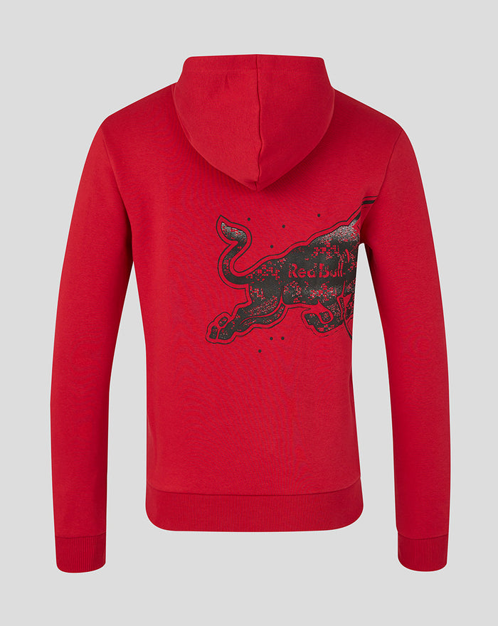 Back view of a red Oracle Red Bull Racing hoodie with a large black bull graphic across the back.
