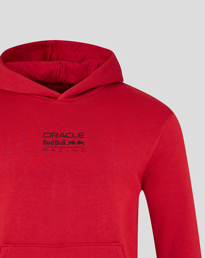 Bright red unisex hoodie featuring the Oracle Red Bull Racing logo on the chest and a hood