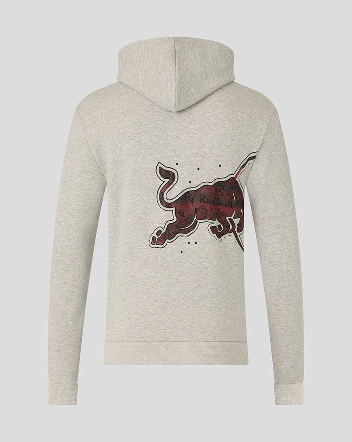 Grey marl hoodie viewed from the back with a large red bull graphic across the back