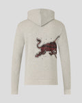 Grey marl hoodie viewed from the back with a large red bull graphic across the back