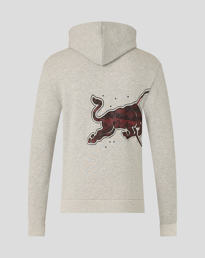 Grey marl hoodie viewed from the back with a large red bull graphic across the back