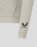 Close up of grey marl hoodie sleeve with Castore logo and ribbed cuff