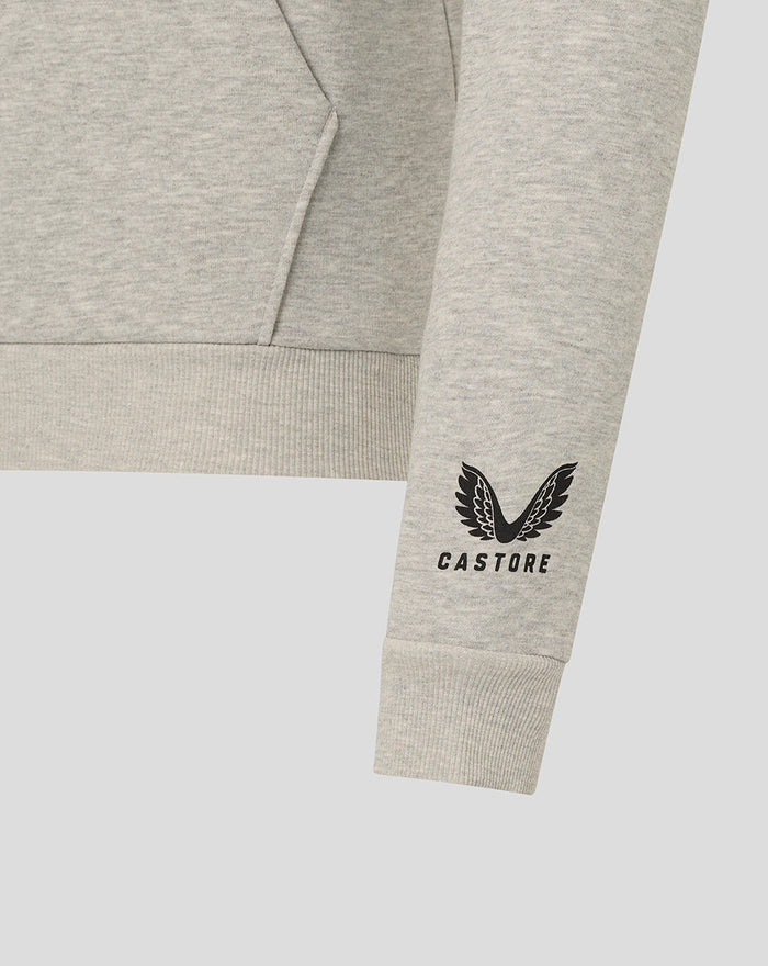 Close up of grey marl hoodie sleeve with Castore logo and ribbed cuff