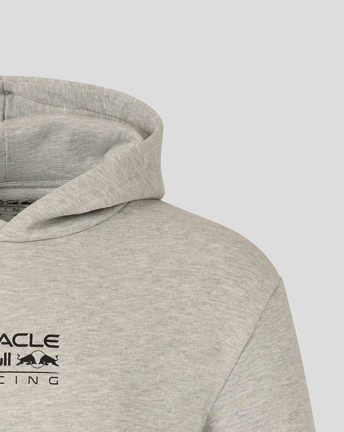 Close up of upper chest on grey marl hoodie with Red Bull Racing logo and hood seam
