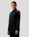 Side view of the Haas Team Quarter Zip Midlayer in black with red shoulder panels and zip neck