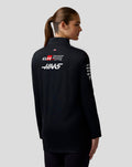 Three-quarter rear view of a model in a black Haas Team Quarter Zip Midlayer with Haas logos on the back and sponsor branding on the sleeve