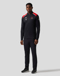 Male model wearing Official Haas Team Quarter Zip Midlayer in black with red shoulder panels and sponsor logos on the chest
