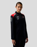 Model wearing a black Haas Team Quarter Zip Midlayer with red shoulder panels and sponsor logos on chest