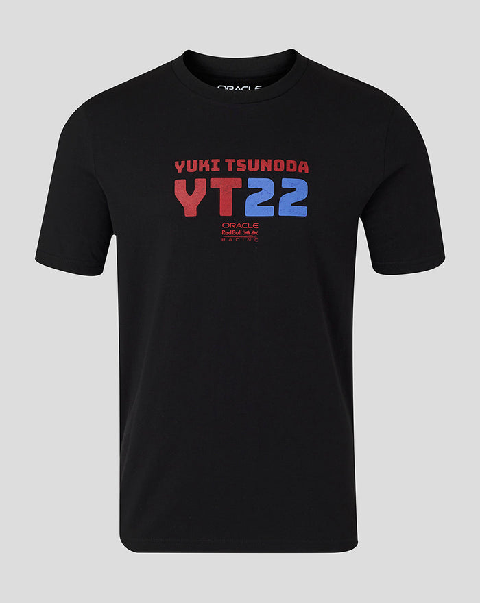 Black Yuki Tsunoda graphic T-shirt featuring YT22 logo in red and blue and Oracle Red Bull Racing branding